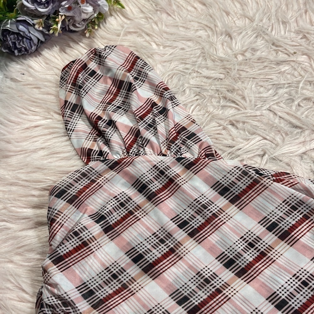 Verge Girl Day Trippers Plaid Mesh Pink One Shoulder Top - Picture 6 of 9